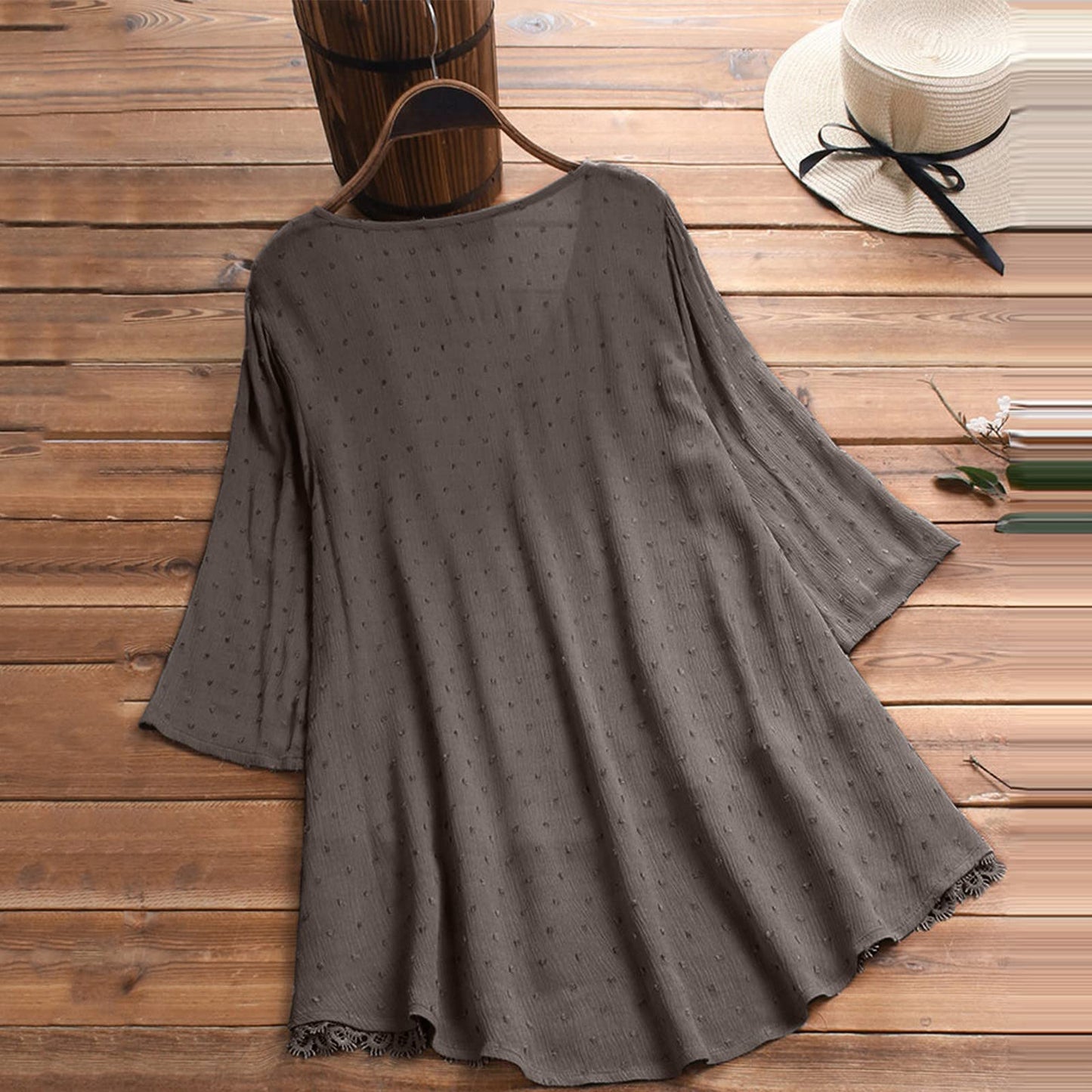 Aniywn Women Round Neck Lace Up Lace Patchwork Flare Pullover Top Casual Plus Size 3/4 Sleeve Floral Printed T-Shirt