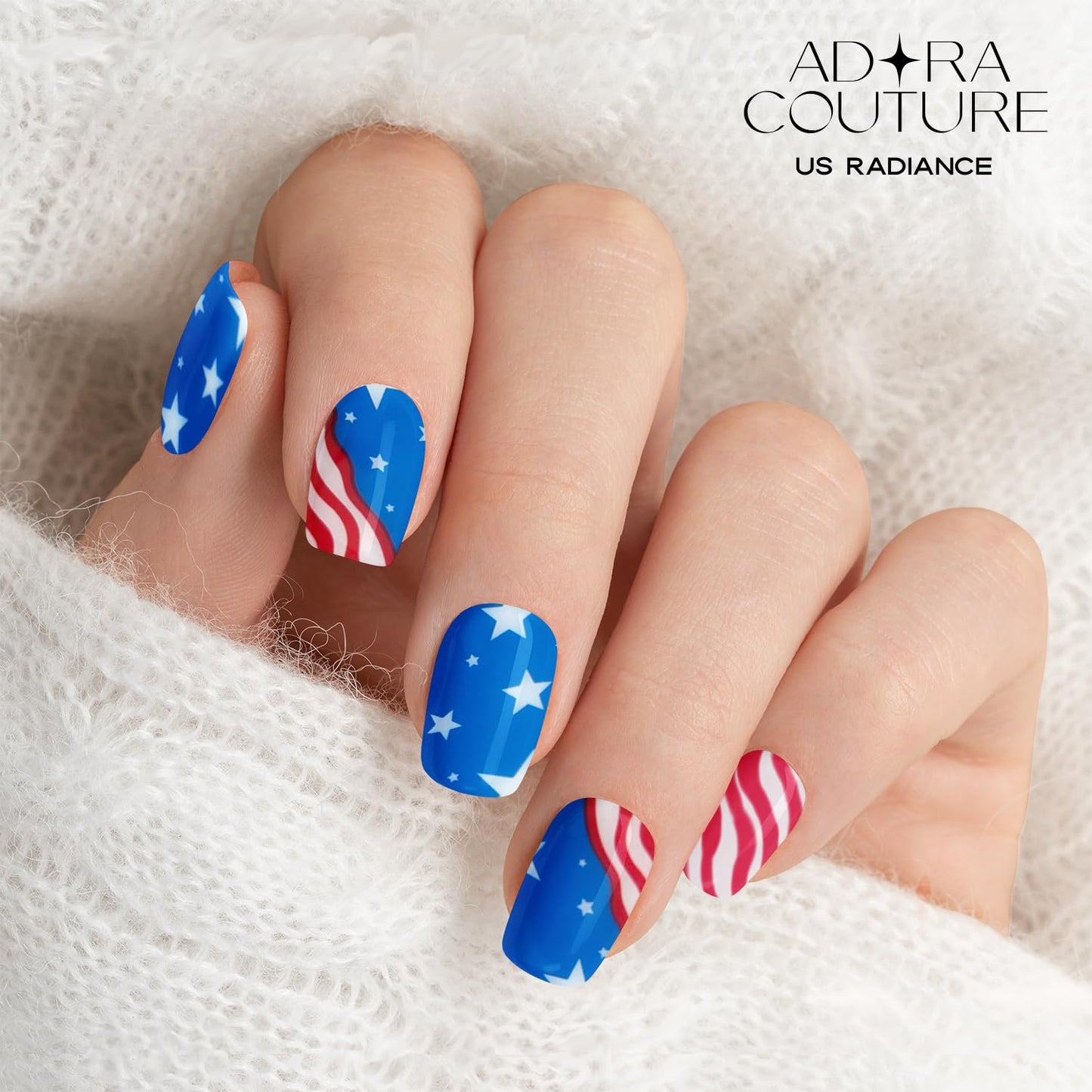 Adora Couture Semi Cured Gel Nail Strips with 20 Pieces, Salon Quality Nail Wraps for Women, Red and Blue American Vibe UV Gel Nail Stickers, UV Light Required, Radiance