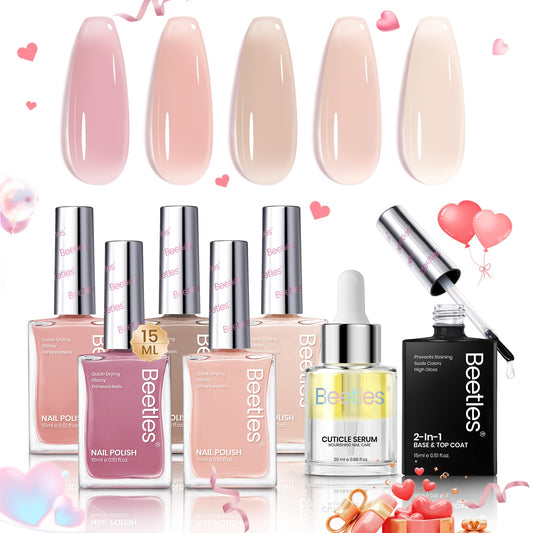 Beetles Pink Nail Polish Set, 5 Colors Nude Pink Jelly Collection Quick Dry Long Lasting Nail Polish Base & Top Coat and Cuticle Serum Kit Spring DIY Care for Nail Home Gift For Women