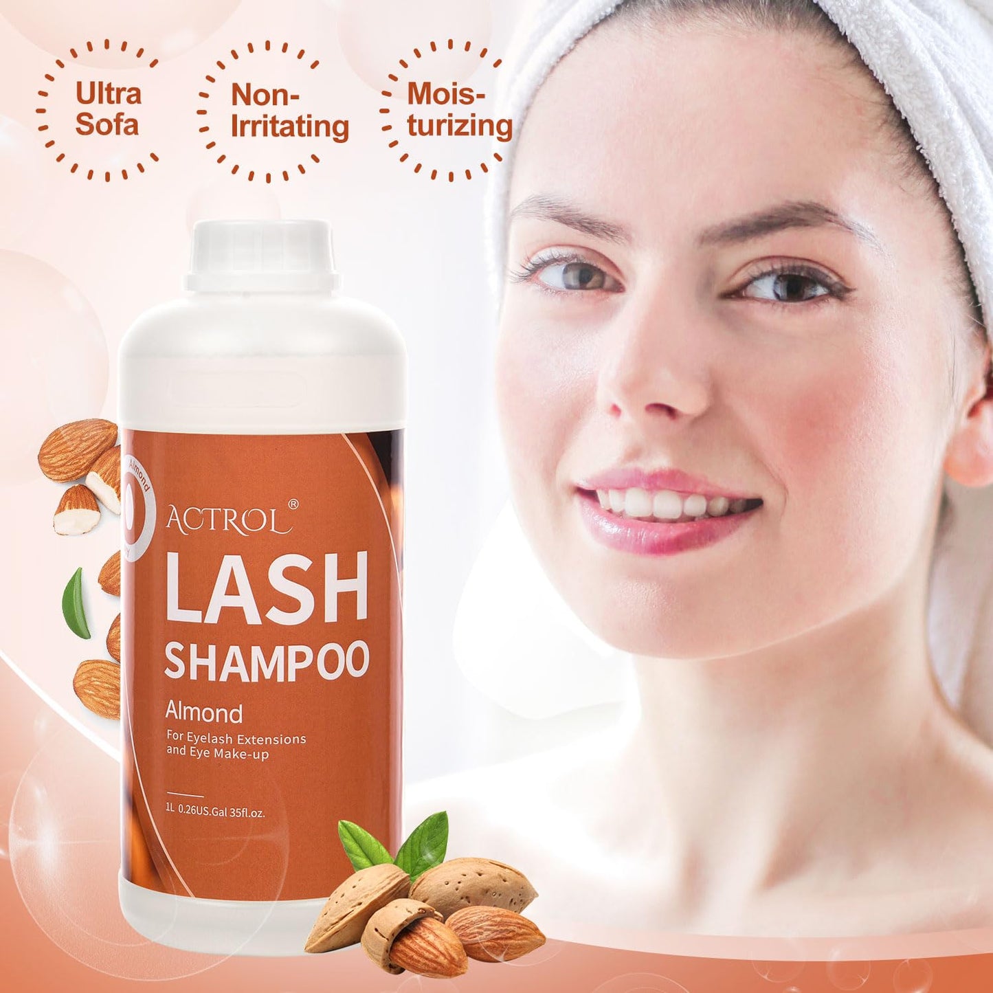 ACTROL Eyelash Extension Cleanser Almond 1L Natural Lash Extension Shampoo Professional Eyelid Foaming Cleanser Paraben & Sulfate Free Non-lrritating with Salon and Home Care