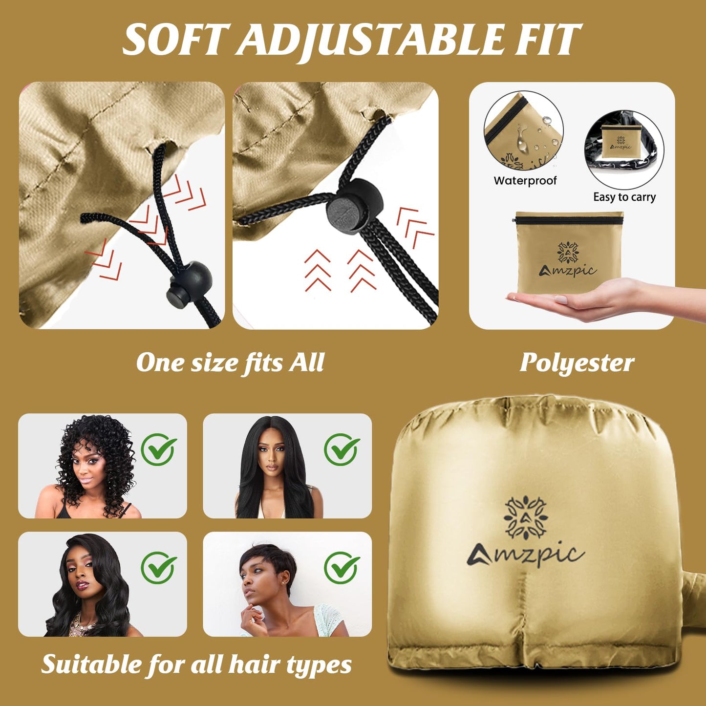 Bonnet Hood Hair Dryer Attachment - Soft, Adjustable Extra Large Bonnet Hair Dryer for Speeds Up Drying Time at Home, Easy to Use for Styling, Curling and Deep Conditioning (Gold)