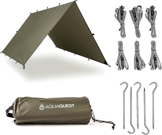 AquaQuest Safari Camping Tarp - Lightweight Durable Rain Fly - Waterproof Camping Essentials for Hiking, Backpacking & Hammock, 10 x 10 ft, Olive Drab Kit