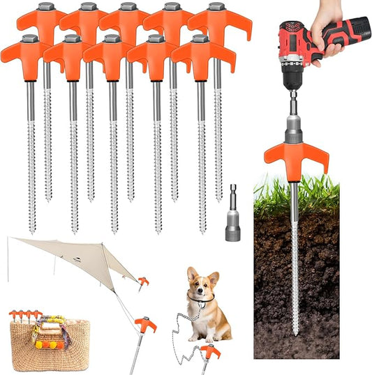 8" Screw in Tent Stakes 12PCS - Ground Anchors Screw - Screw in Tent Stakes Heavy Duty- Tent Pegs Camping Stakes- Hex Pegs Drillable Tent Stakes and Hexagon Head Drive and Storage Box (Orange)