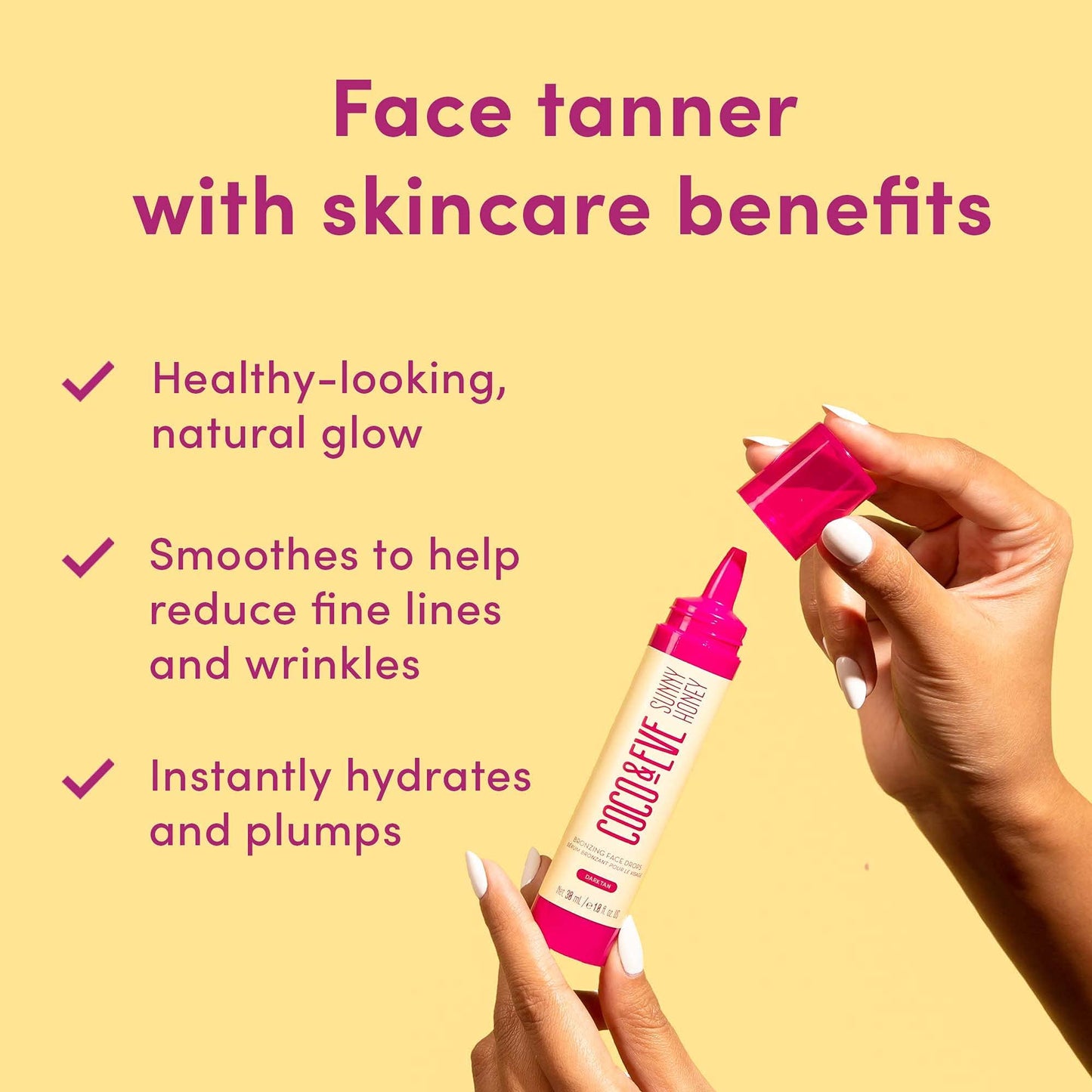 Coco & Eve Sunny Honey Bronzing Face Drops (Dark), Natural, Hydrating Hyaluronic Acid. Indoor Sunless Moisturizing Self Tanner. (1 fl oz)