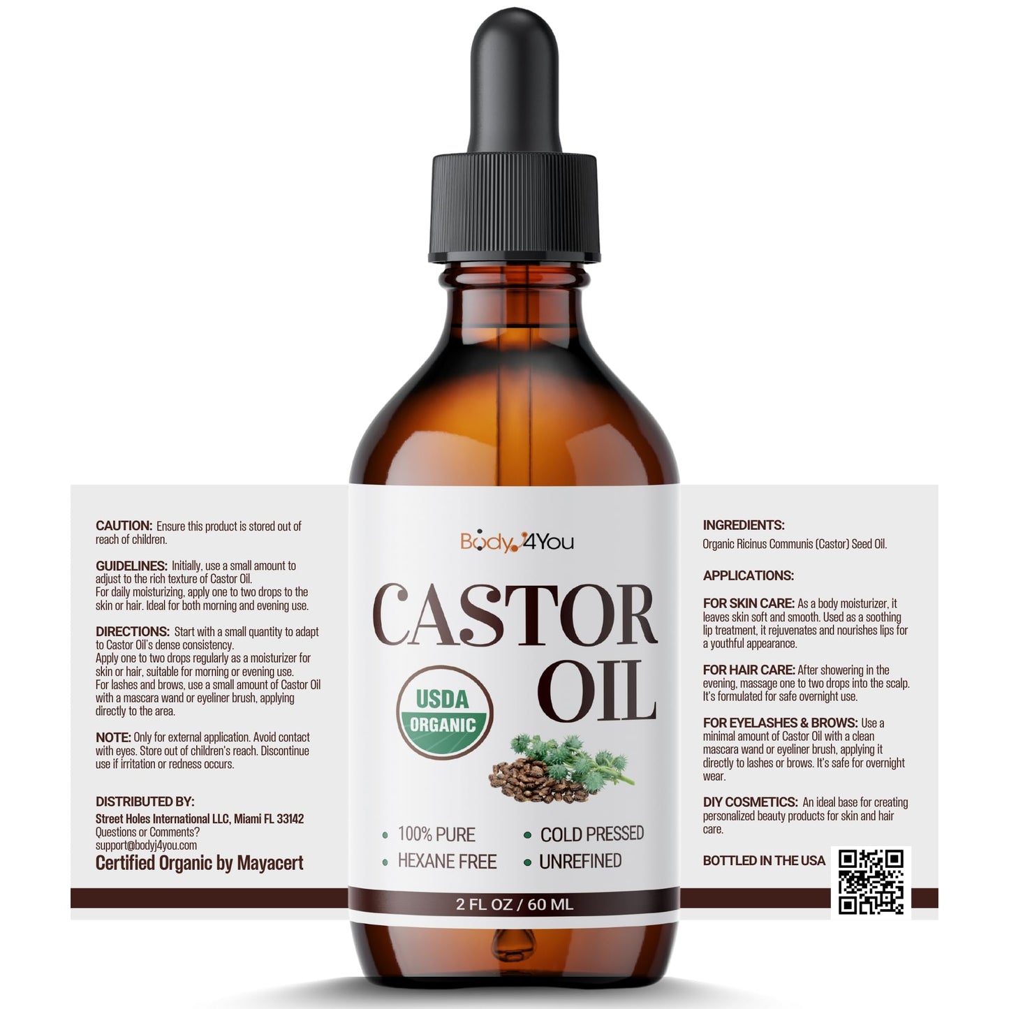 BodyJ4You Organic Castor Oil - Pure 100% USDA Certified Cold Pressed - Natural Hair Growth Eyelashes Eyebrows Veganic - Rich Hydration Healthy Skin Moisturizer Lash Serum Brow - 2 Fl Oz