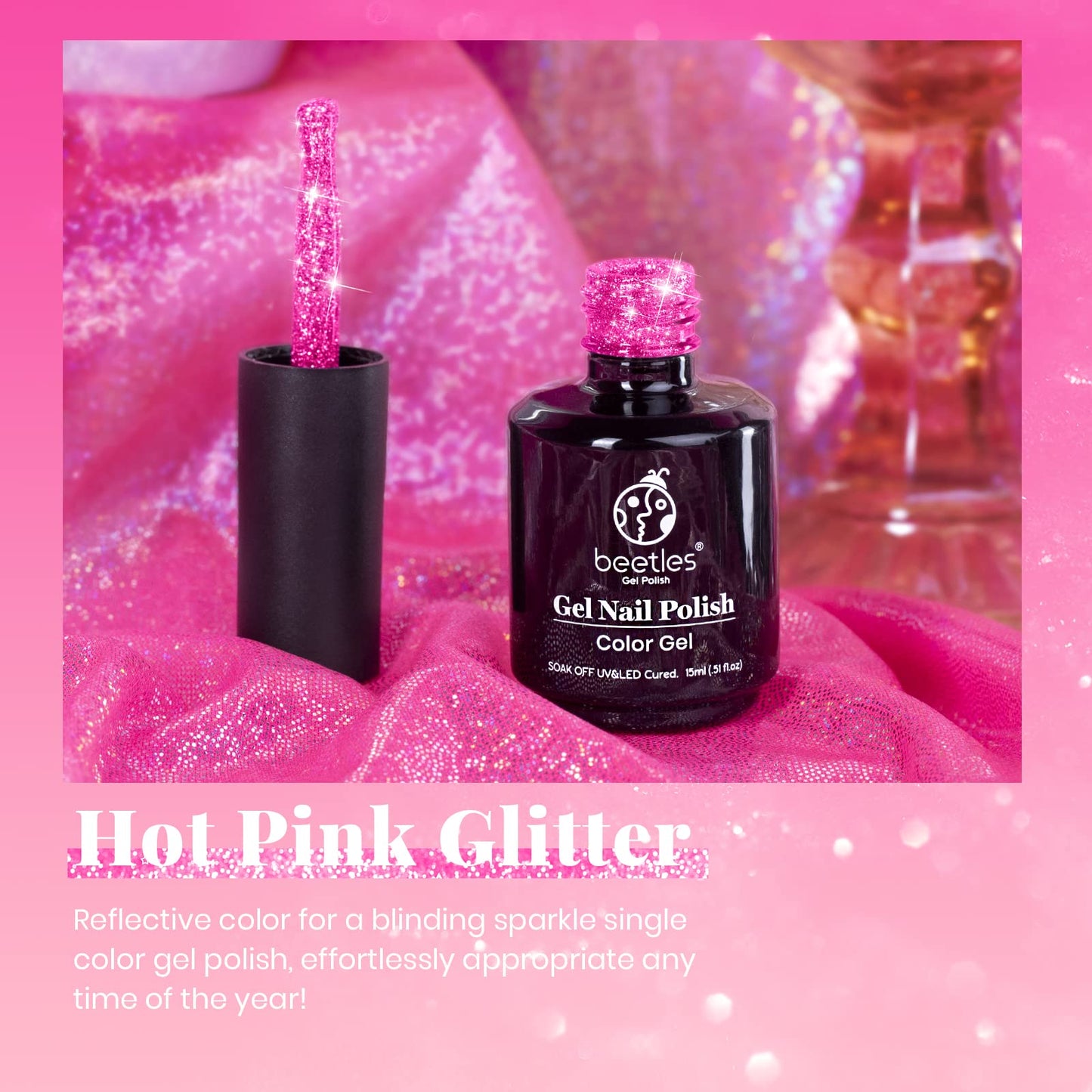 Beetles Reflective Gel Nail Polish Pink Gel Polish, 15ML Hot Pink Glitter Diamond Gel Color Soak Off Sparkle Gel Polish UV Nail Lamp Nail Art Manicure Salon DIY at Home Gifts