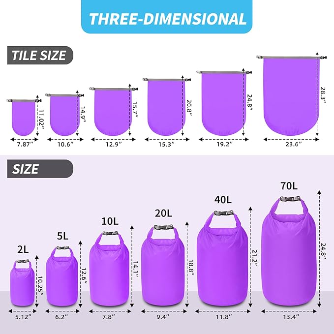 Dry Bag Set, Waterproof Small Lightweight Dry Bags for Paddle Board Kayaking, Fishing, Camping (Purple, 2L+5L+10L)