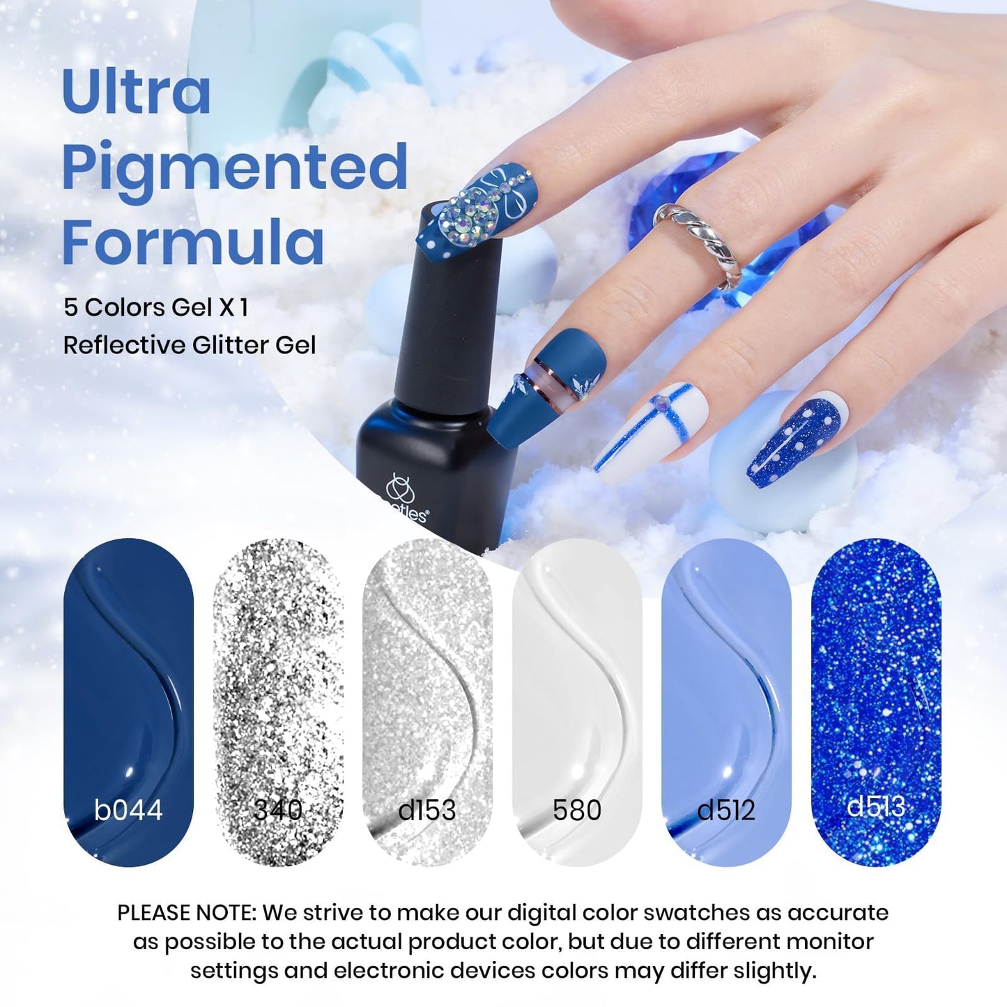 Beetles Gel Nail Polish Set, White Glitter Navy Blue Silver 6 Colors Gel Polish Gel Nail Polish Soak off UV LED Lamp for Women Gel Nail Polish Colors