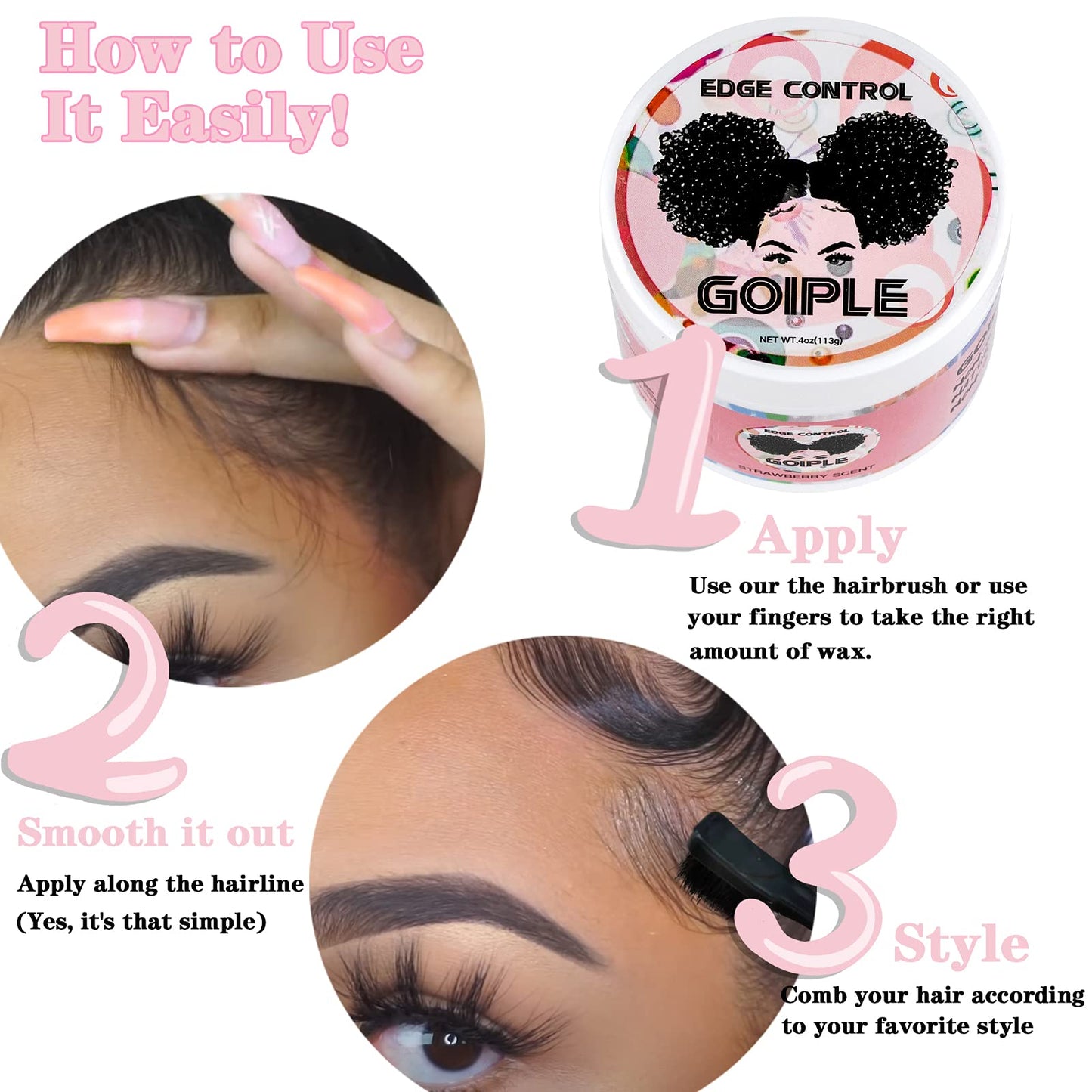 Edge Control Wax for Women Strong Hold Non-greasy Edge Smoother, Edge Wax Styling Tamer Edge Control for Black Hair No Flaking, White Residue, Shine and Smooth Strawberry Scent 4oz