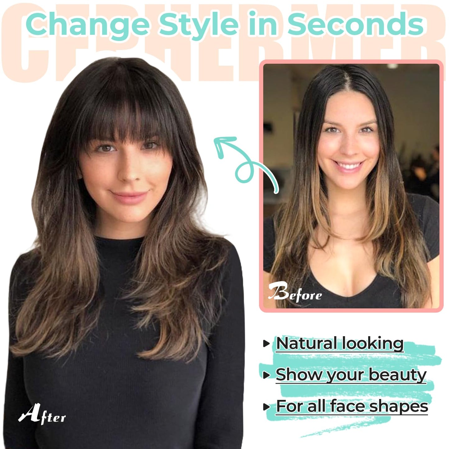 Cephermer Clip in Bangs, Synthetic French Bangs Hair Clip, Fake Bangs Fringe with Temples Hairpieces for Women Natural Curved Bangs Clip in Hair Extensions for Daily Wear Dark Brown