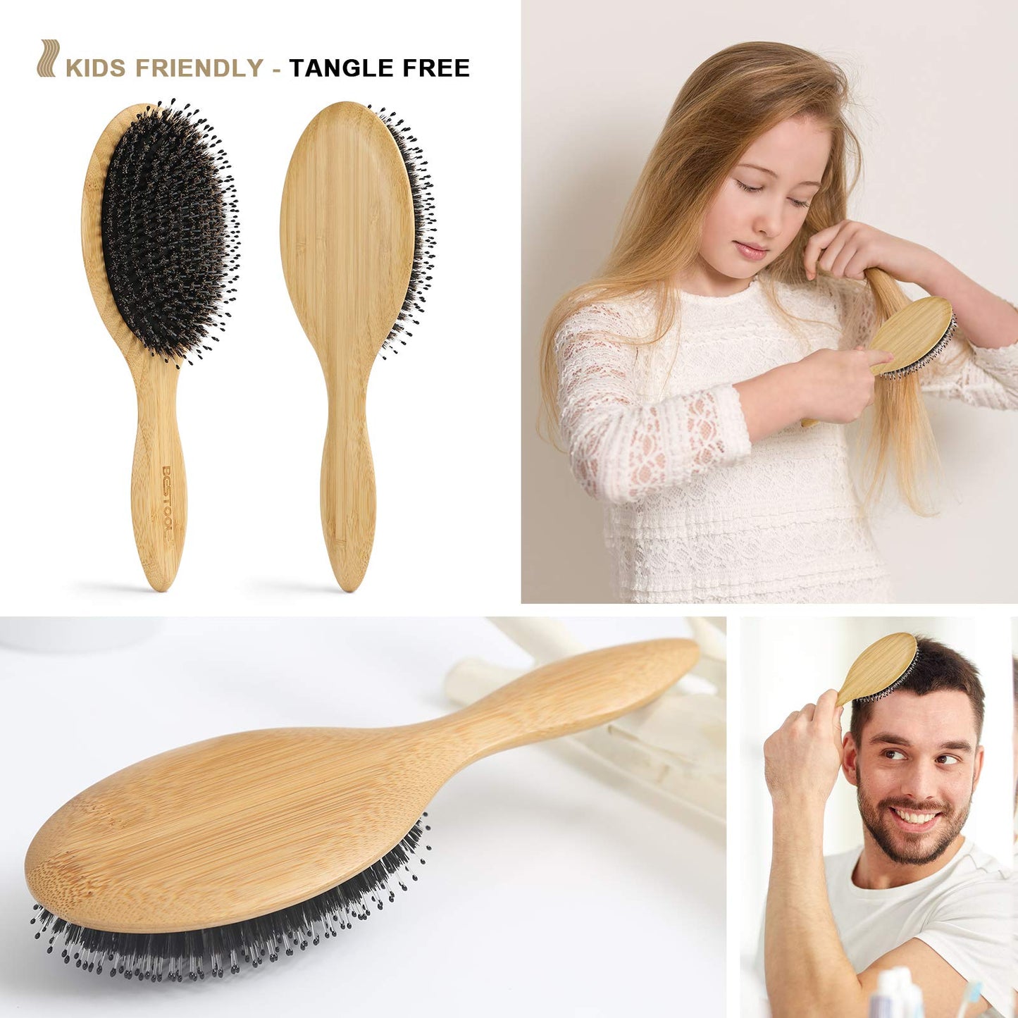 BESTOOL Hair Brush, Boar Bristle Hair Brushes for Women men Kid, Boar & Nylon Bristle Brush for Wet/Dry Hair Smoothing Massaging Detangling, Everyday Brush Enhance Shine & Health Natural