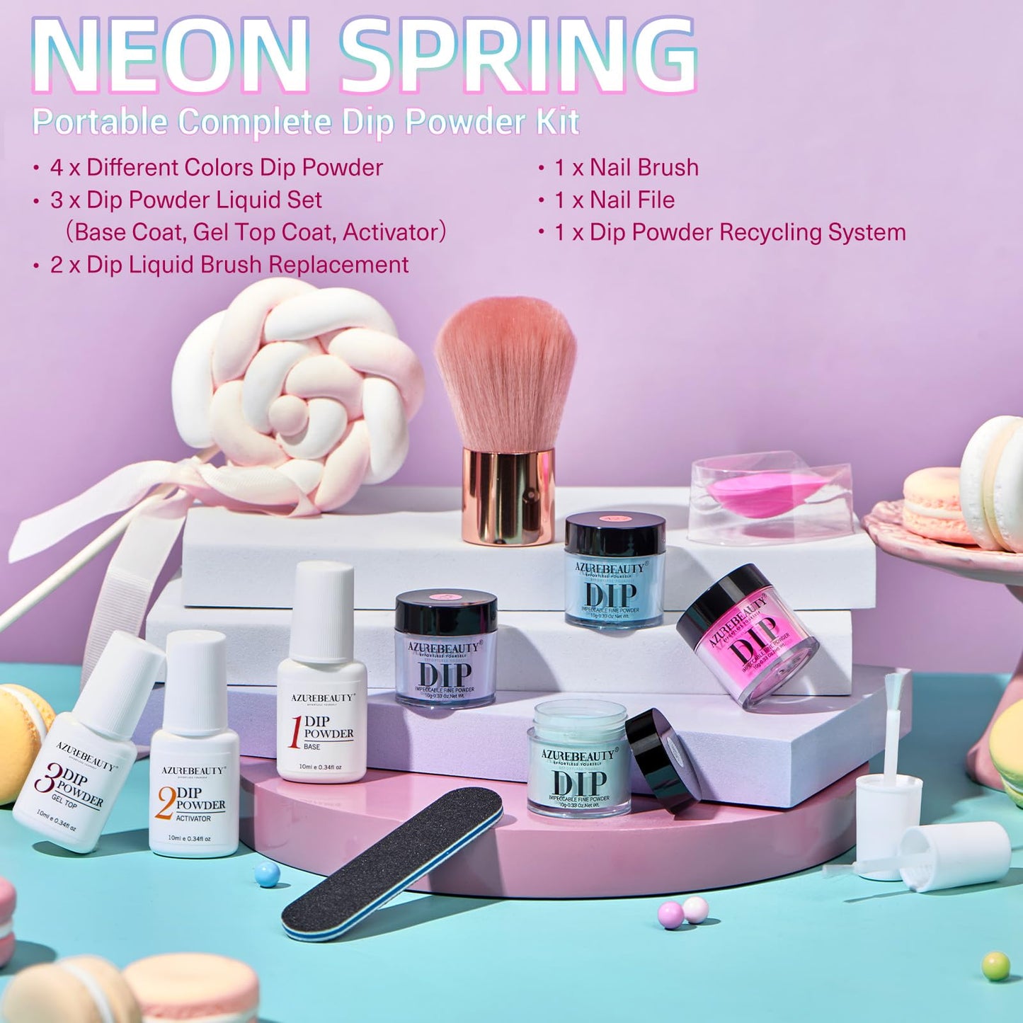 AZUREBEAUTY Dip Powder Nail Kit Starter, Spring Summer Bright Pastel Green Hot Pink Purple 4 Colors Dipping Powder Liquid Set with Base/Top Coat Activator for French Nail Art Manicure DIY Easter Gift