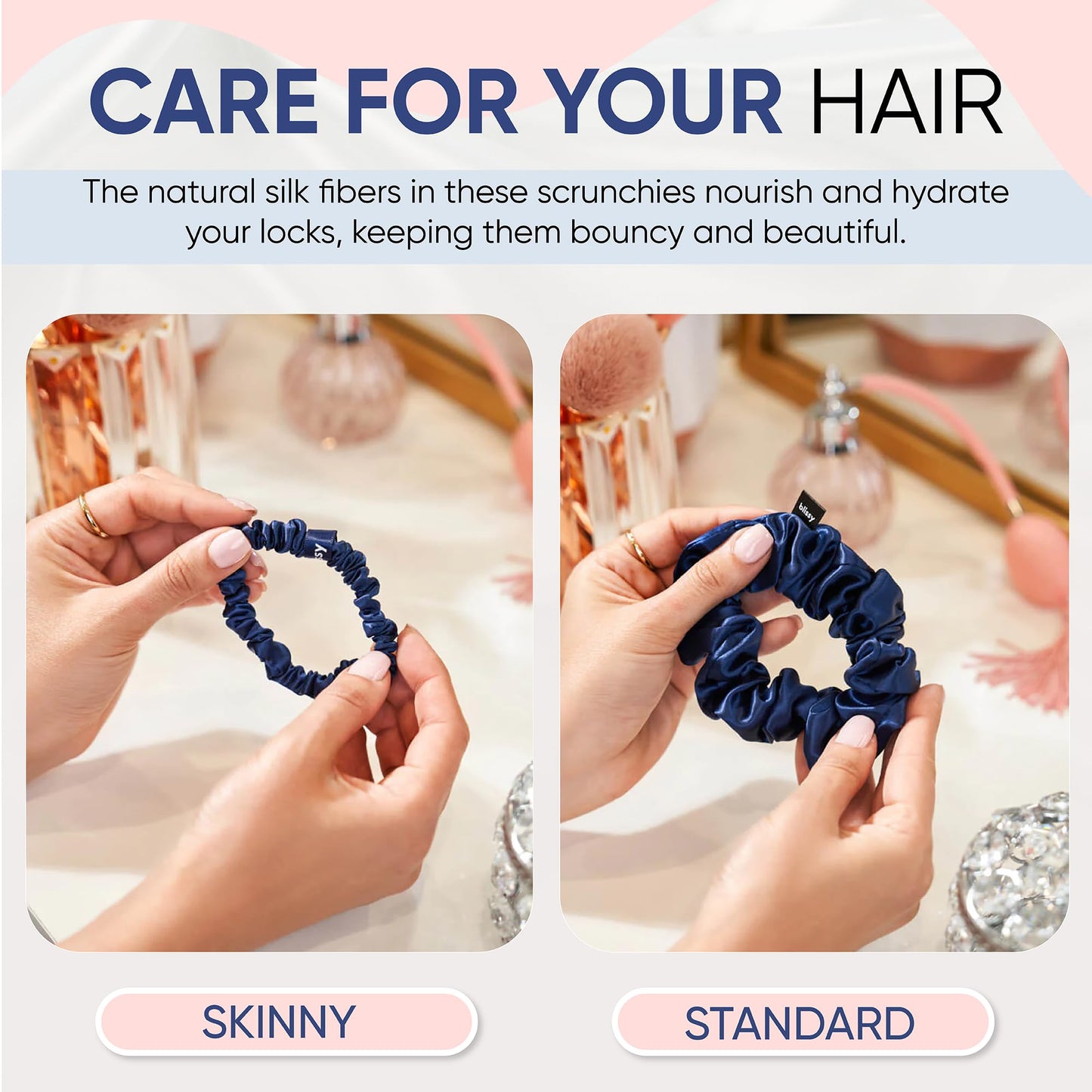 Blissy Silk Scrunchies (3 Pack) - 100% Pure Mulberry Silk - 22 Momme 6A High-Grade Fibers - Silk Scrunchie for Straight & Curly Hair - Preventing Breakage, Tangling, & Creasing (Blue Skinny)