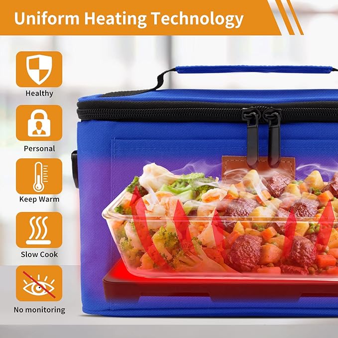 Aotto Portable Electric Lunch Box Food Heater - 110V Portable Oven and Food Warmer, Heated Lunch Box for Adults, Cook, Reheat, and Keep Meals Warm for Travel, Office, and Home - Blue
