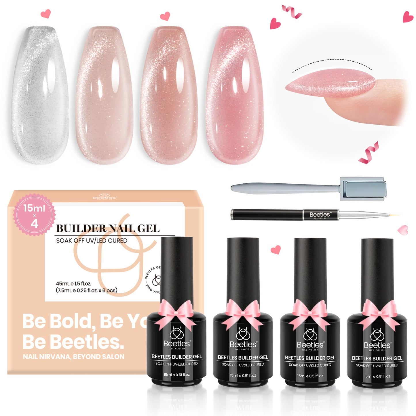 Beetles Builder Gel for Nails, 4 Colors 6 in 1 Strengthener Gel Builder for Nails, Cat Eye Gel Glitter Pink Nude Hard Gel Apex Nail Thickening Extension Soak Off Uv Valentines Gift for Women