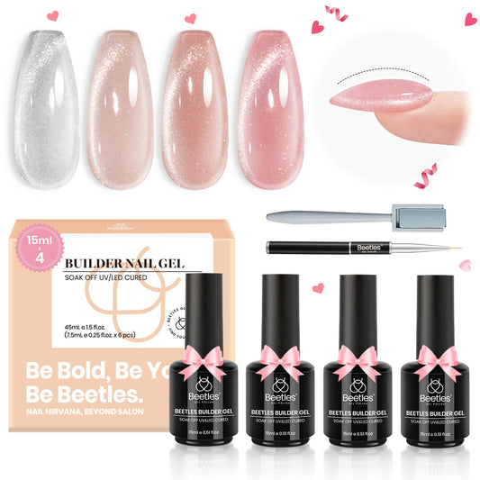 Beetles Builder Gel for Nails, 4 Colors 6 in 1 Strengthener Gel Builder for Nails, Cat Eye Gel Glitter Pink Nude Hard Gel Apex Nail Thickening Extension Soak Off Uv Valentines Gift for Women