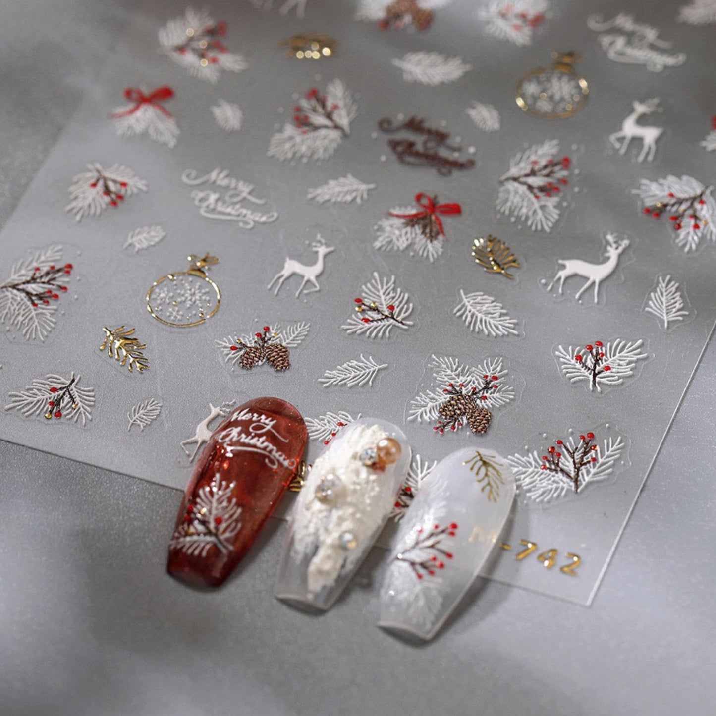 Christmas Nail Art Stickers 5D Embossed Elk Nail Stickers Cute Self-Adhesive Snowflake Feather Leaf Xmas Nail Decals Decoration for Women Girls Winter Holiday Manicure DIY Nail Supplies