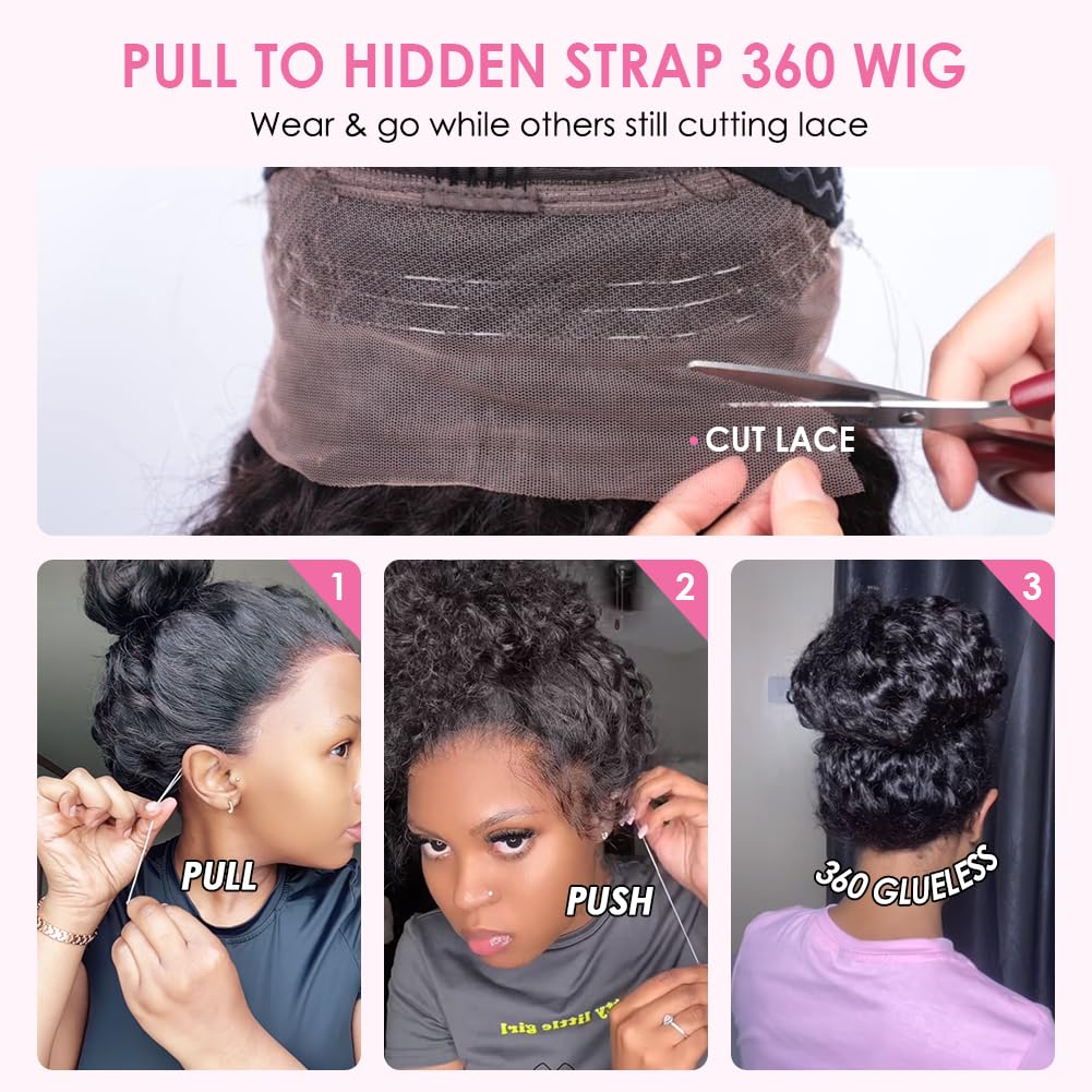 Ebarly Hidden Strap 360 Glueless Lace Front Wigs Human Hair Pre Plucked Bleached Knots 180 Density Water Wave HD Lace Frontal Wig with Drawstring Curly Full LaceFront Wigs for Women(22 inch)
