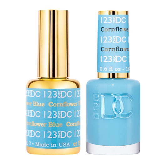 DND DC Gel Polish Set, Blue Collection, UV/LED Gel Polish and Air Dry Nail Lacquer, Matching Chip-Free Polish Duo, 123 Cornflower Blue, 0.5 Fl Oz