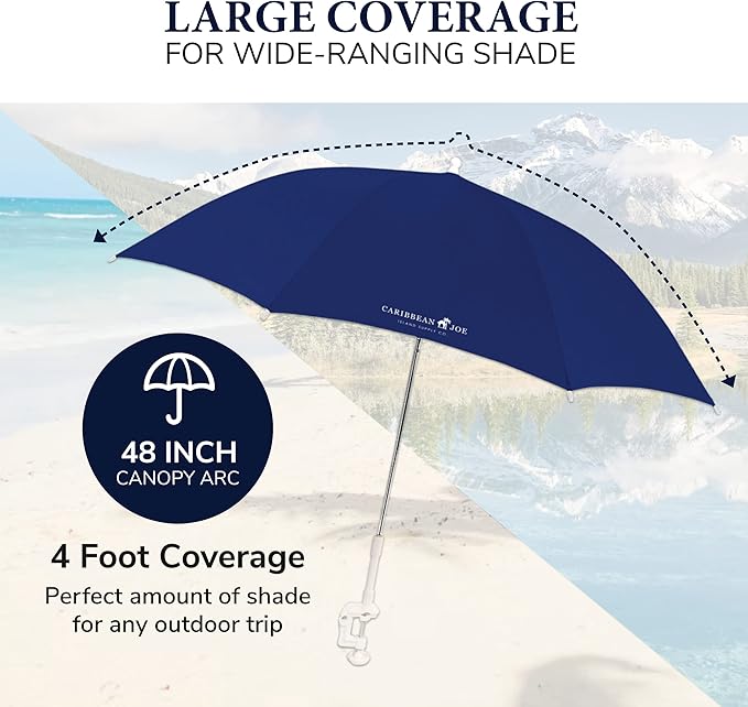 Caribbean Joe Beach Umbrella for Chair, Adjustable and Universal Clamp On Beach Umbrella with UV Protection, 48 Inch Arc