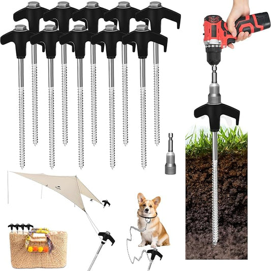 8" Screw in Tent Stakes 20PCS - Ground Anchors Screw - Screw in Tent Stakes Heavy Duty- Tent Pegs Camping Stakes- Hex Pegs Drillable Tent Stakes and Hexagon Head Drive and Storage Box (Black)