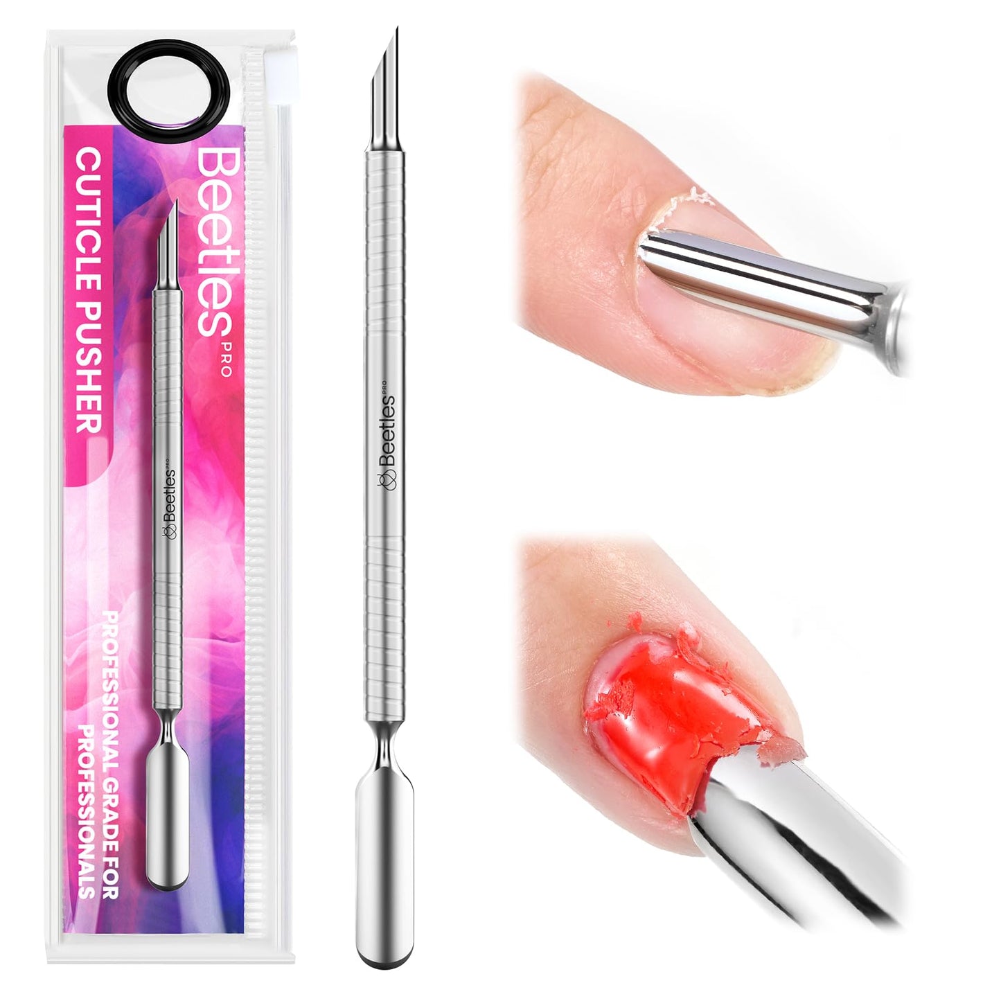 Beetles Pro Cuticle Pusher, Professional Stainless Steel Cuticle Remover Multi-Function Dual Ended Nail Pusher for Fingernail Toenail Nail-Care Salon Manicure Needs
