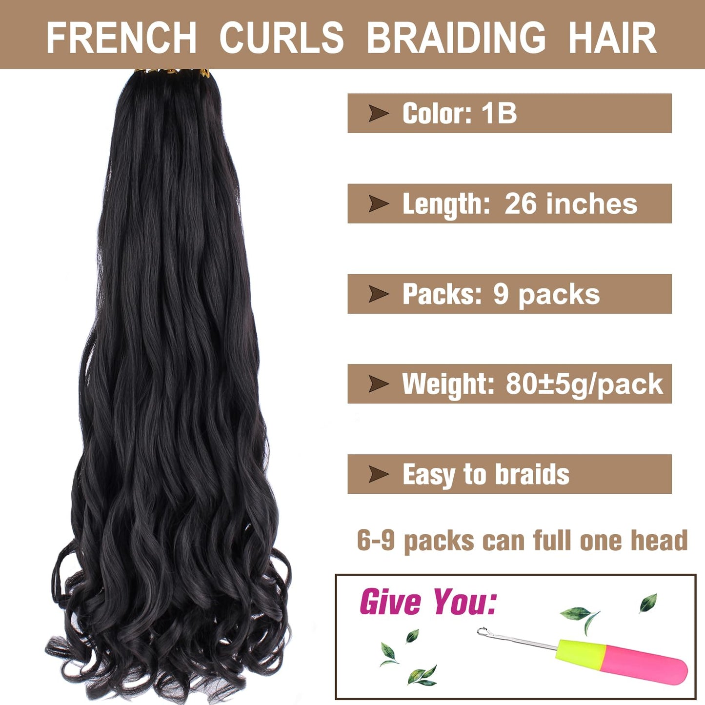 COOKOO 26 Inch Spiral French Curly Crochet Braids Hair 9 Packs Natural Black Bouncy Loose Wave Crochet Braids for Black Women Pre-curled Spanish Curly Synthetic Braiding Hair Extentions 1B#