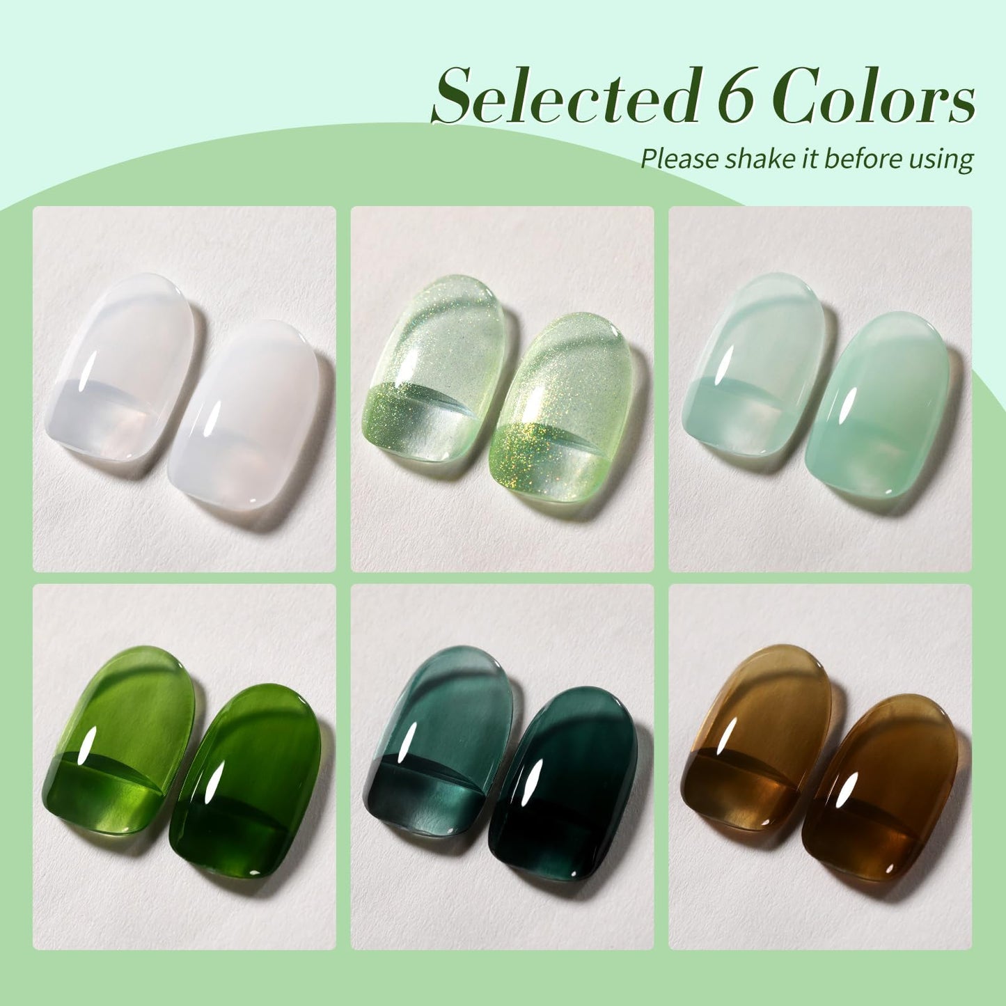 BORN PRETTY Jelly Green Milky White Gel Nail Polish Set Spring Summer Transparent Sheer Colors Gel Nail Kit for Salon Gel Manicure and Nail Art DIY at Home 6 Colors
