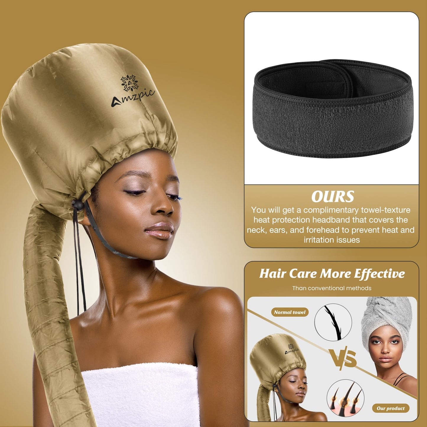 Bonnet Hood Hair Dryer Attachment - Soft, Adjustable Extra Large Bonnet Hair Dryer for Speeds Up Drying Time at Home, Easy to Use for Styling, Curling and Deep Conditioning (Gold)