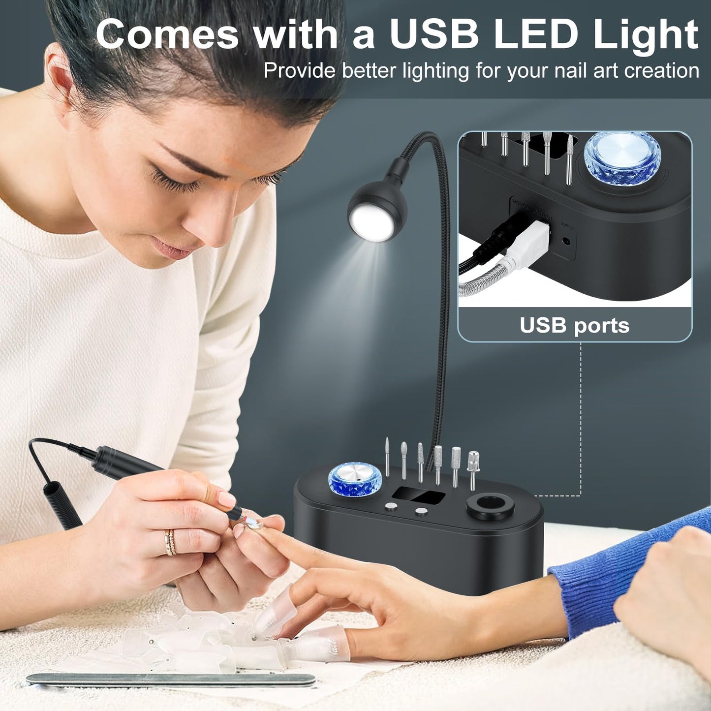 Electric Nail Drill Machine, 40000RPM Professional E File Nail Drill Kit for Gel Acrylic Nails,High Speed Low Vibration Low Heat Nail Grinding with LED Light, 7 Bits, F/R Rotation, LCD Screen (Black)