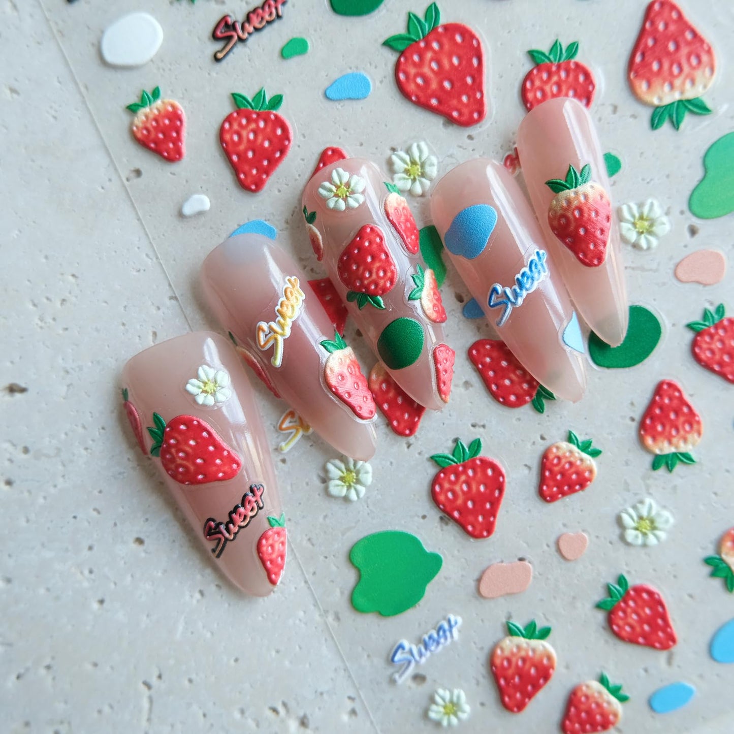 CESTSIREN Strawberry Nail Stickers, Embossed Cute Fruit Decals, Self-Adhesive Art Design, Accessories and Supplies for Women