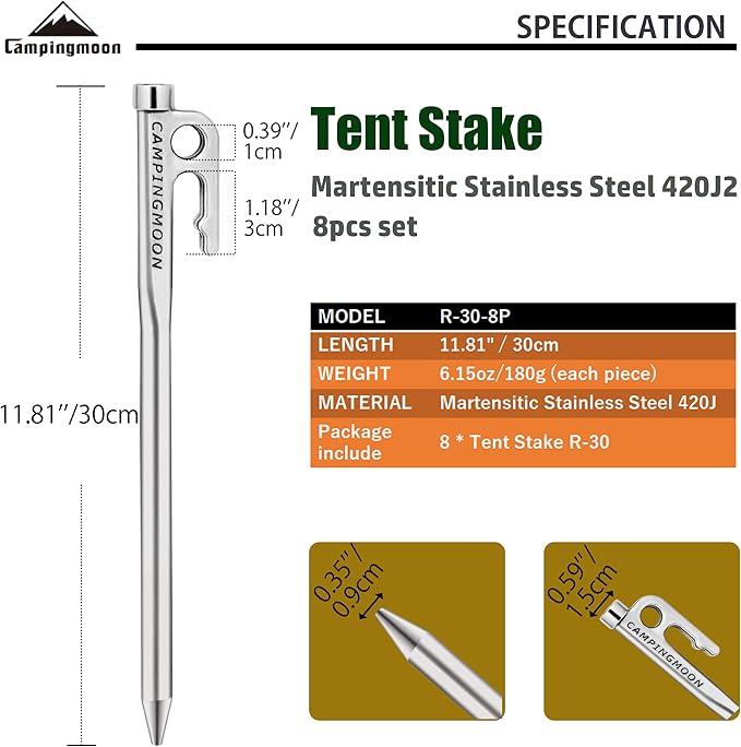 CAMPINGMOON 11.81-inch 8pcs Martensitic Stainless Steel 420J2 Hardened Forged Tent Stake Power Peg Ideal for Hard Ground R-30-8P