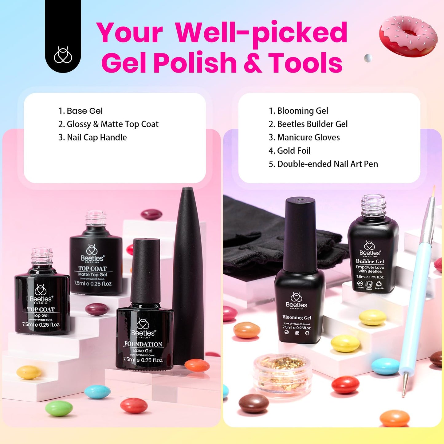 Beetles 53Pcs Gel Nail Polish Kit with UV Light Starter Kit, 32 Colors Pastel Pink Blue Green Summer Gel Polish Set with 3Pcs Base Gel Top Coat Led Nail Lamp Builder Blomming Gel Nail Gloves Gift Set
