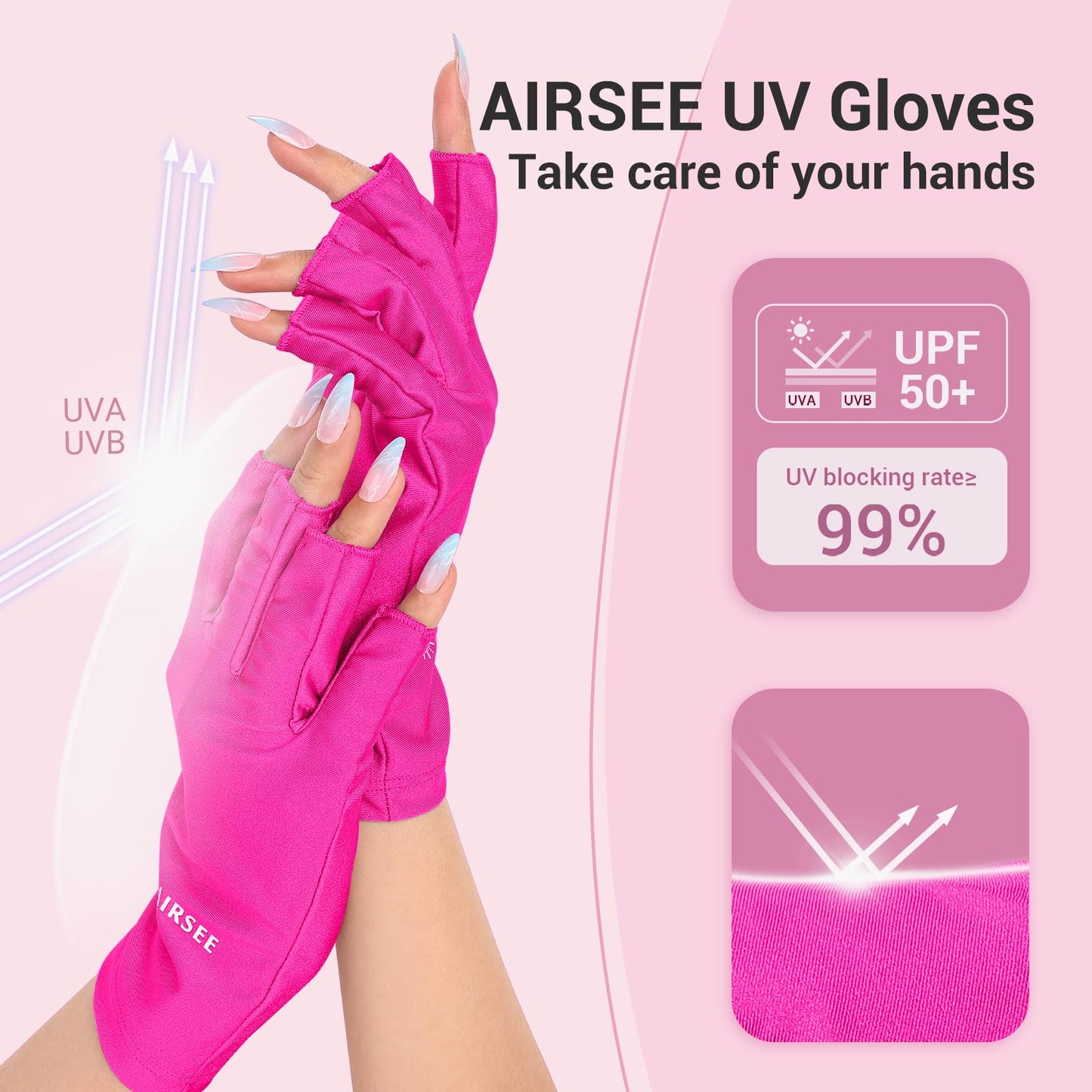 AIRSEE UV Gloves for Nail Lamp,Professional UPF50+ UV Protection Glove for Manicures Nail Art,Fingerless That Shield Skin from The Sun and Nail Lamp (Rose Red)