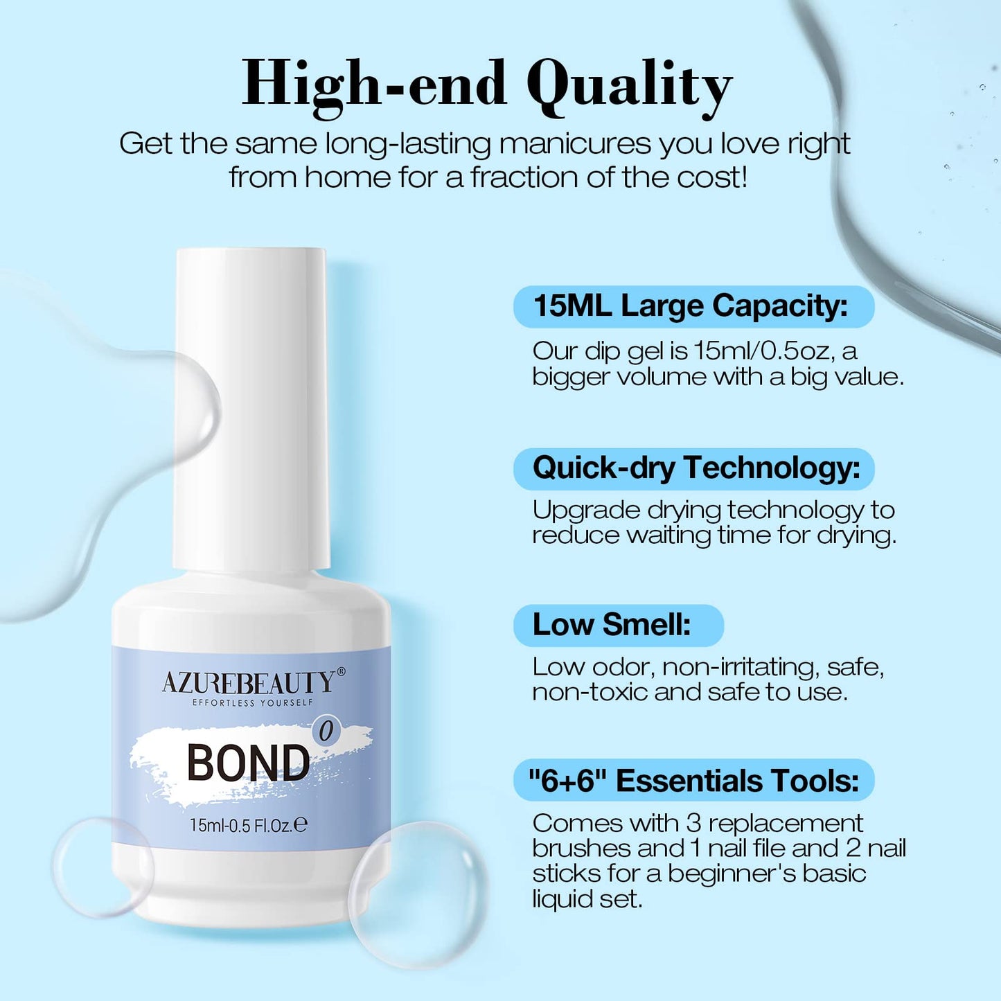 AZUREBEAUTY Dip Powder Liquid Set Bond, Base, Glossy Matte Top Coat, Activator, Brush Saver Dipping Powder Essential Tools No Nail Lamp Needed 0.5Fl oz 15ml 6Pcs
