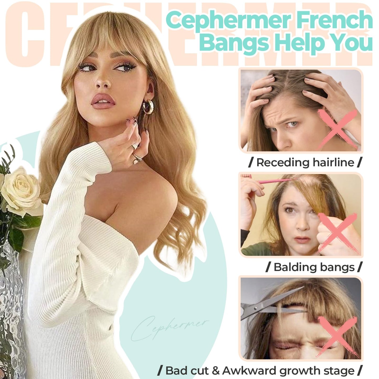 Cephermer Clip in Bangs, Synthetic French Bangs Hair Clip, Fake Bangs Fringe with Temples Hairpieces for Women Natural Curved Bangs Clip in Hair Extensions for Daily Wear Dark Brown