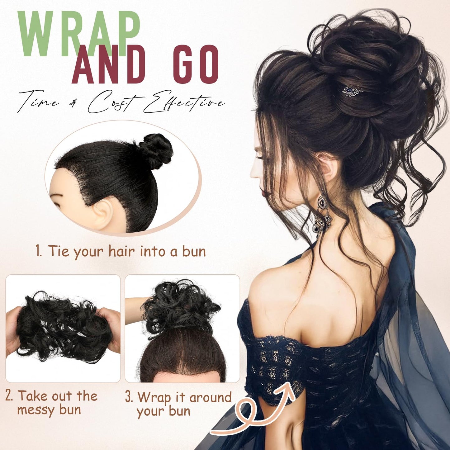FeidyLong 2 PCS Messy Bun Hair Piece Wavy Curly Scrunchies Synthetic Chignon Ponytail Hair Extensions Thick Updo Hairpieces for Women Girls(Black Brown Mix Bleach Blonde)