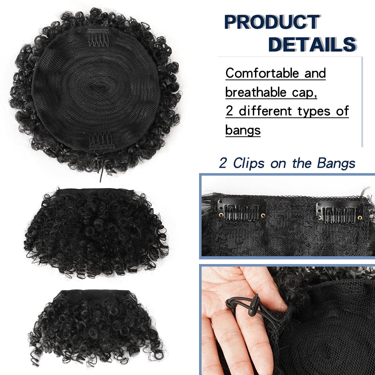 Cetiq Afro Puff Drawstring Ponytail for Black Women Pineapple Updo Hair Short Kinky Curly Ponytail Bun with 2 Replaceable Bangs, 3 Piece Set (1B)