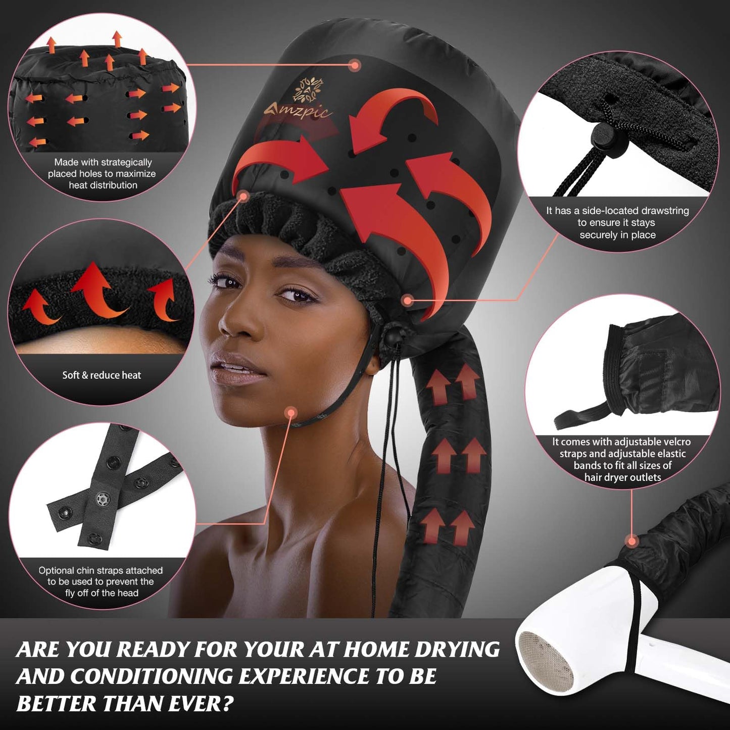 Bonnet Hood Hair Dryer Attachment - Headband Integrated Bonnet Hair Dryer for Speeds Up Drying Time at Home, Easy to Use for Styling, Curling and Deep Conditioning (Black,Adjustable)
