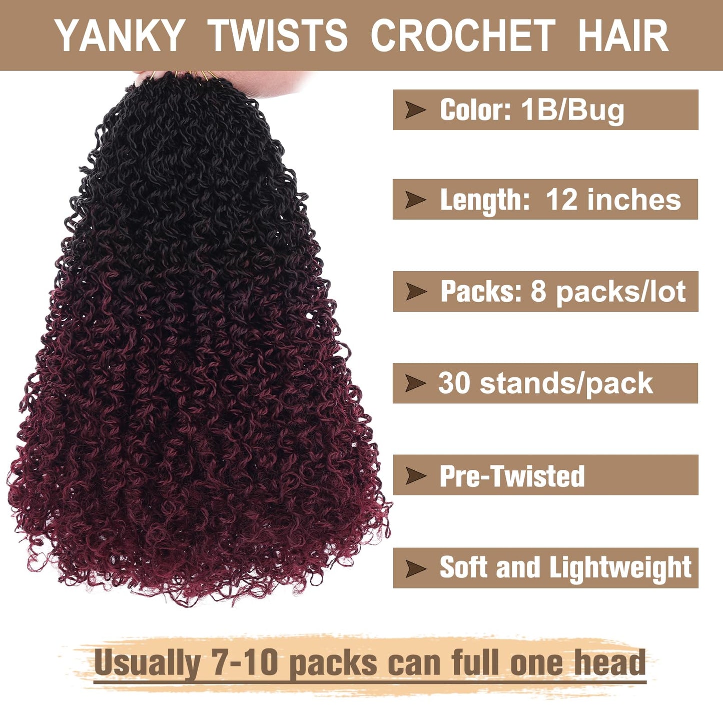 COOKOO 8 Packs 12 Inch Pre-twisted Synthetic Crochet Braiding Hair Ombre Burgundy Short Micro Passion Twists Braiding Hair Pre Looped Yanky Twist Crochet Hair Curly Ends for Women 1B/Bug