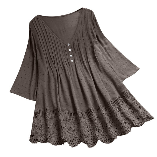 Aniywn Women Round Neck Lace Up Lace Patchwork Flare Pullover Top Casual Plus Size 3/4 Sleeve Floral Printed T-Shirt