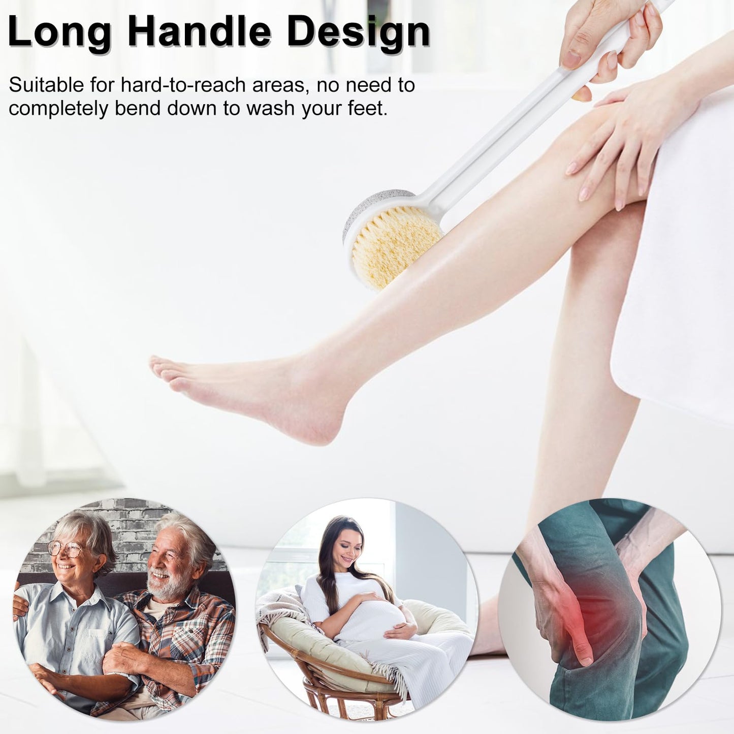 Beomeen Pumice Stone and Shower Brush with Long Handle, Hard Skin Callus Remover, 2 in 1 Foot Scrubber, Back Scrubber for Shower Deep Cleansing and Exfoliation, Dry Brushing Body Brush (Straight)