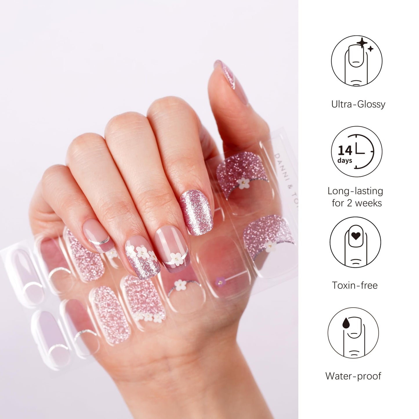 DANNI & TONI Semi Cured Gel Nail Strips Purple (Spring Whisper) French Tip Flowers Gel Nail Wraps UV Nails 28 Stickers