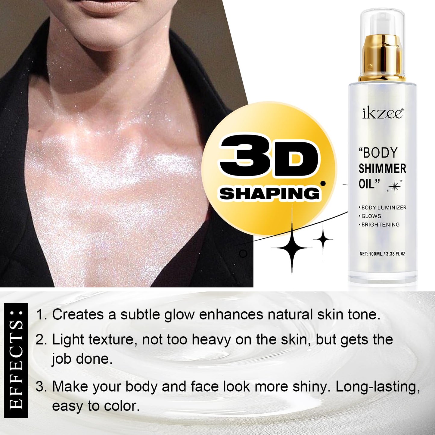 Body Glow Shimmer Oil 100ml, Moisturizing Long Lasting Face Brightener, Waterproof Liquid Illuminator, Highlighter for Summer Tanning (#01 Silver)