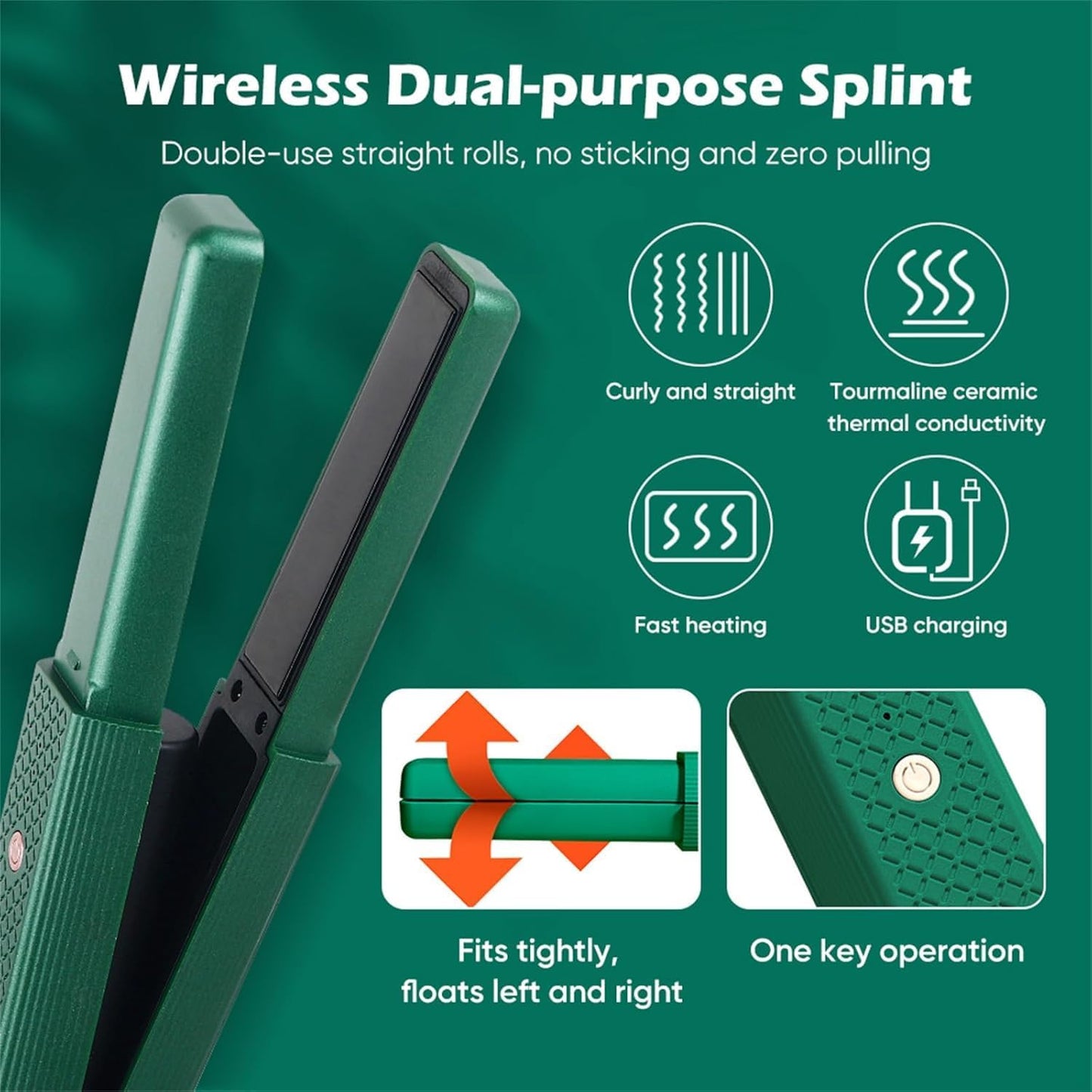 Cordless Hair Straightener, 2 in 1 Portable Mini Ceramic Flat Iron and Curler, USB-C Rechargeable Travel Straightener, Lock in Moisture & Shine, 3 Levels Adjustable (Green)