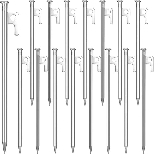 Blulu 24 Pcs 8/12/16 Inch Tent Stakes Heavy Duty Steel Metal Tent Pegs Unbreakable and Inflexible Metal Stakes Tent Spikes for Camping, Yard Decoration, Picnic, Tarp(Silver, 16 Inch)