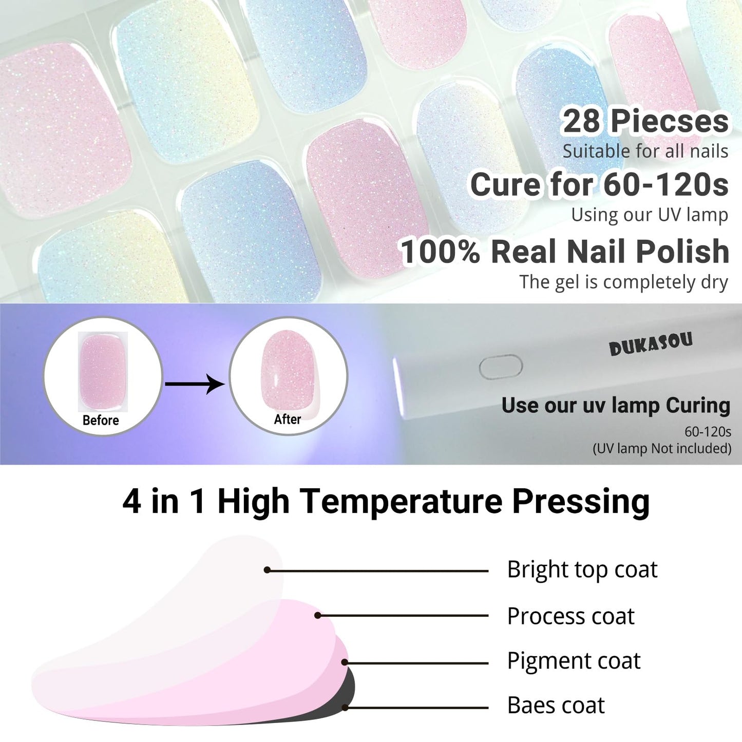 DUKASOU Semi Cured Gel Nail Strips, Mermaid | 28 pcs Gel Nail Strips Work with Any UV Lamp, Salon Quality UV Gel Nail Stickers, Easy to Apply for Home Nails DIY