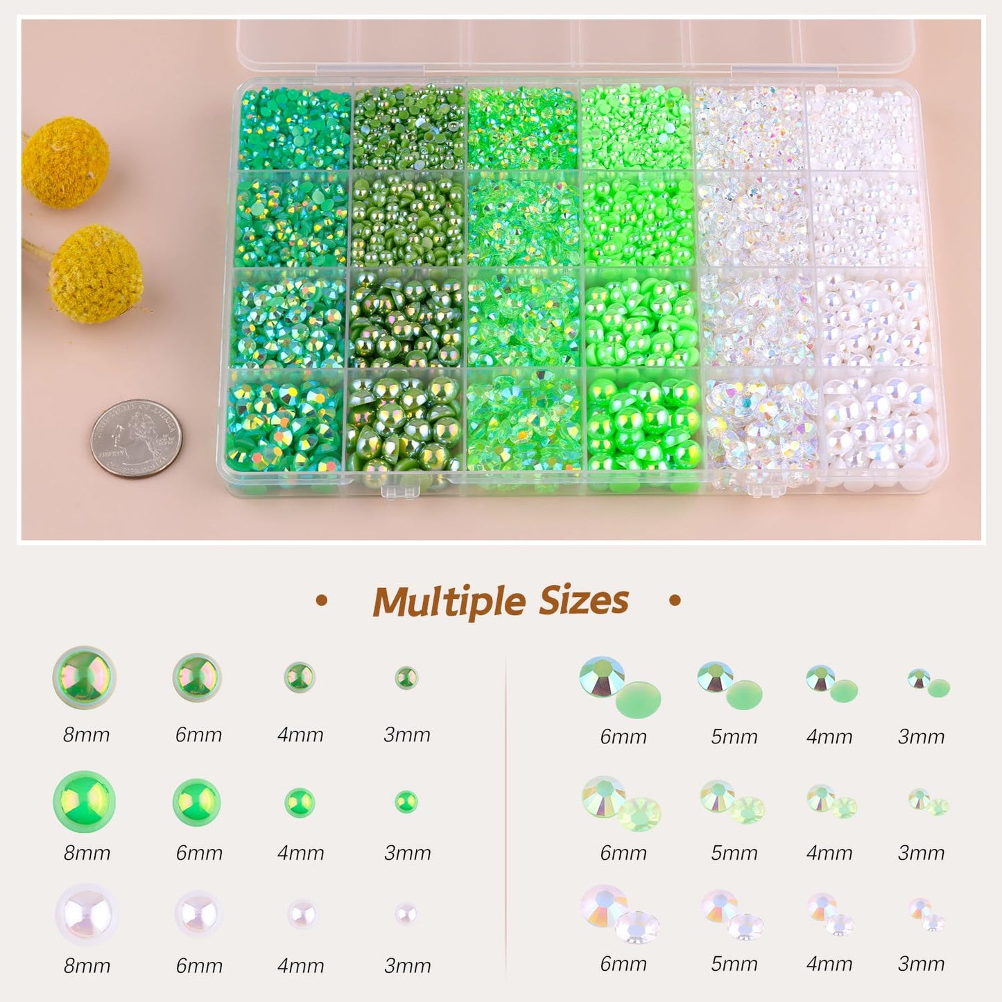 9000PCS Flatback Pearls and Rhinestones for Crafting, Green Mixed Size 3-10mm Resin Rhinestones and Half Pearls for Bedazzling, Nail Art and Decoration with Tweezer and Pickup Pencil
