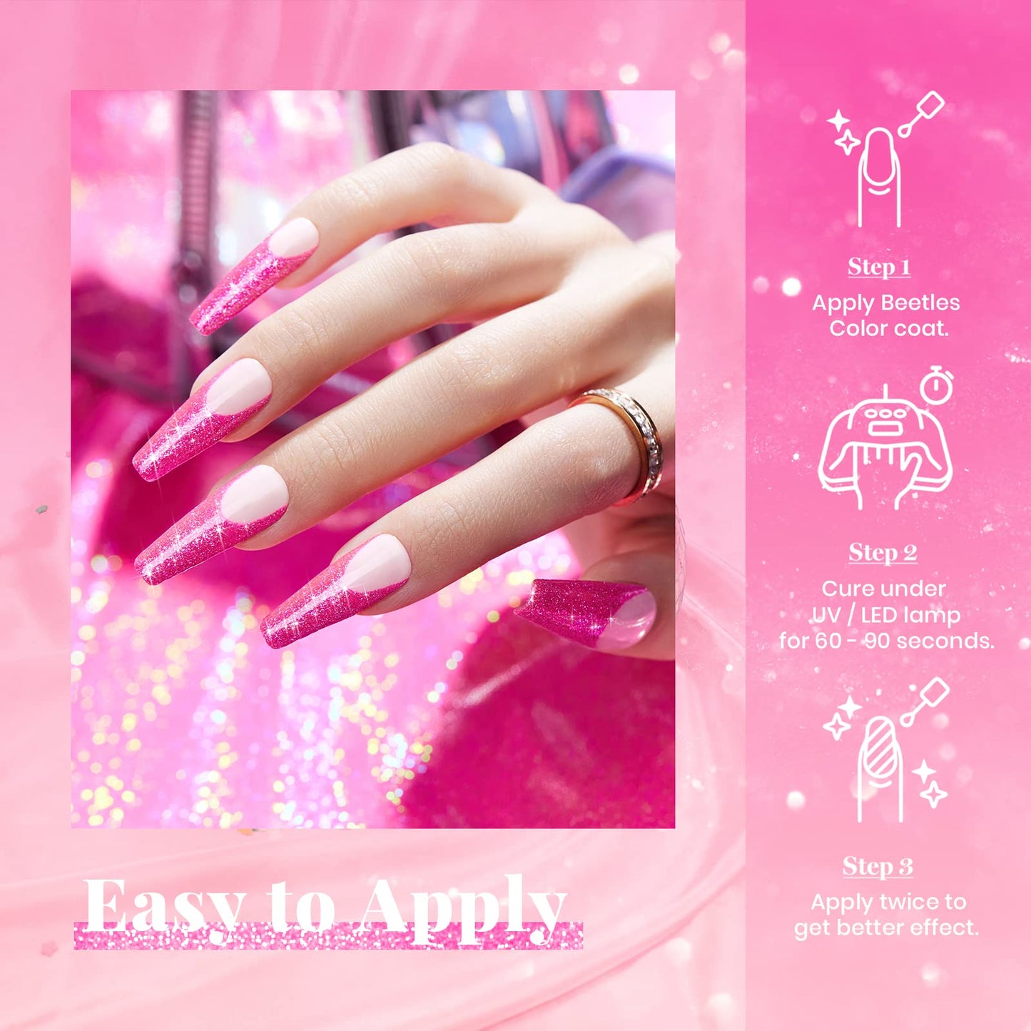 Beetles Reflective Gel Nail Polish Pink Gel Polish, 15ML Hot Pink Glitter Diamond Gel Color Soak Off Sparkle Gel Polish UV Nail Lamp Nail Art Manicure Salon DIY at Home Gifts