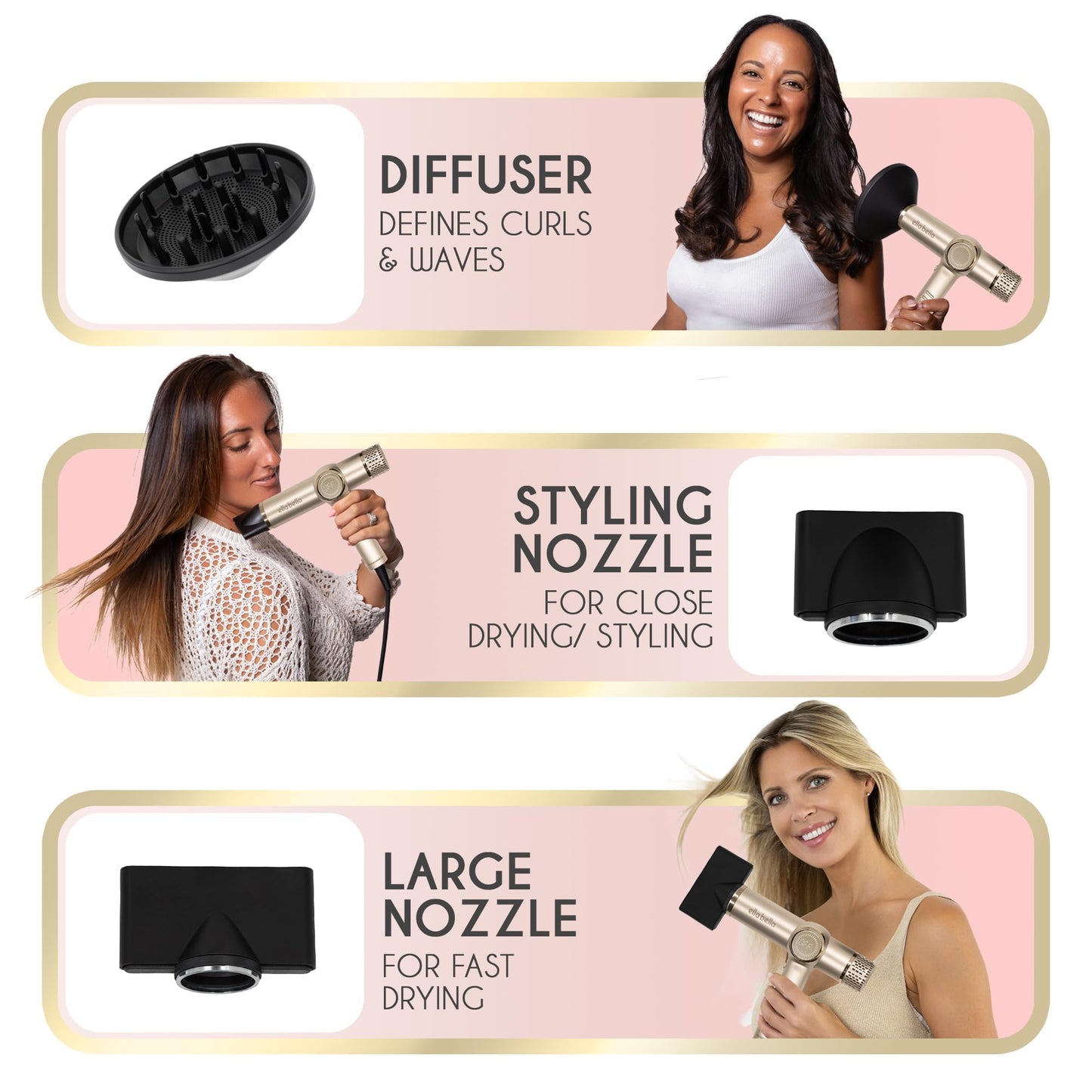 ELLA BELLA® Professional Ionic Hair Dryer with Diffuser • Negative Ion Blow Dryer • Suitable All Hair Types • Intelligent Heat Control & Rapid Drying Speeds • Lightweight Design • Low Noise Technology